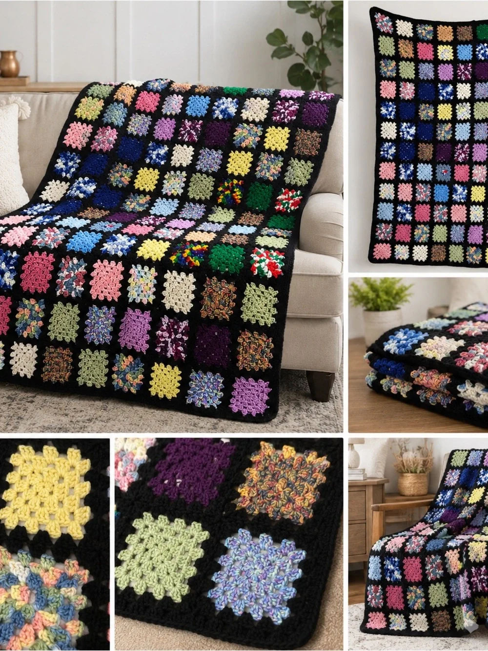 Handmade Crochet Granny Square Throw Blanket Black Multi-Color Afghan 51” X 73”